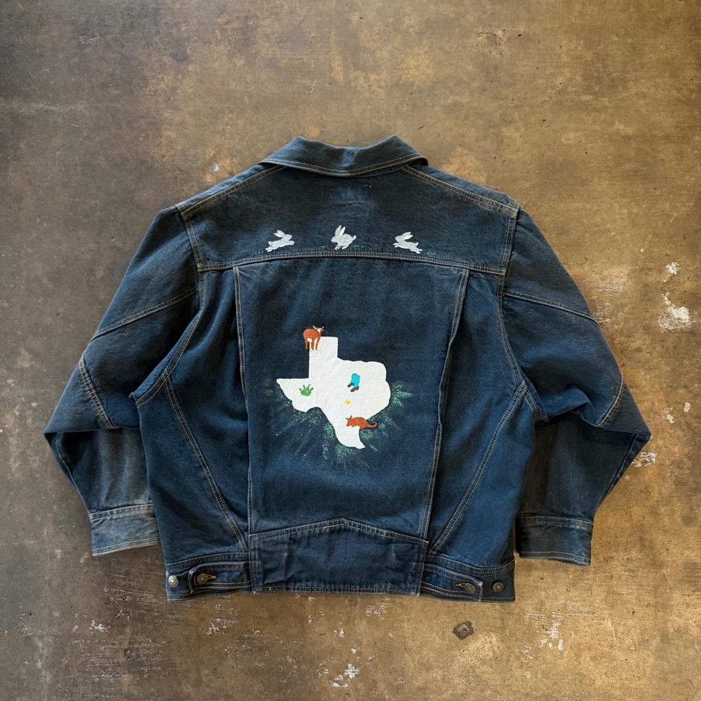 Vintage 90s Ginos Denim Jacket Painted Texas Graphic Animal Embroidery Medium - Picture 2 of 8